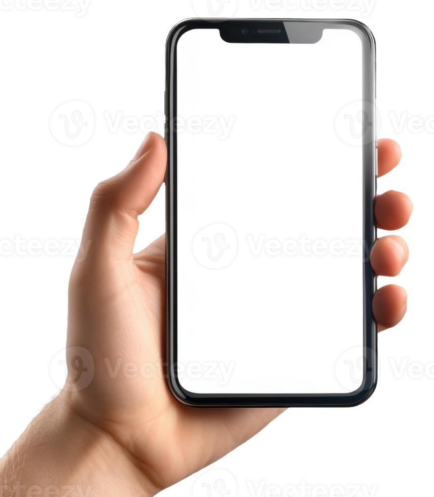 Person holding a smartphone with a blank screen, cut out - stock . png