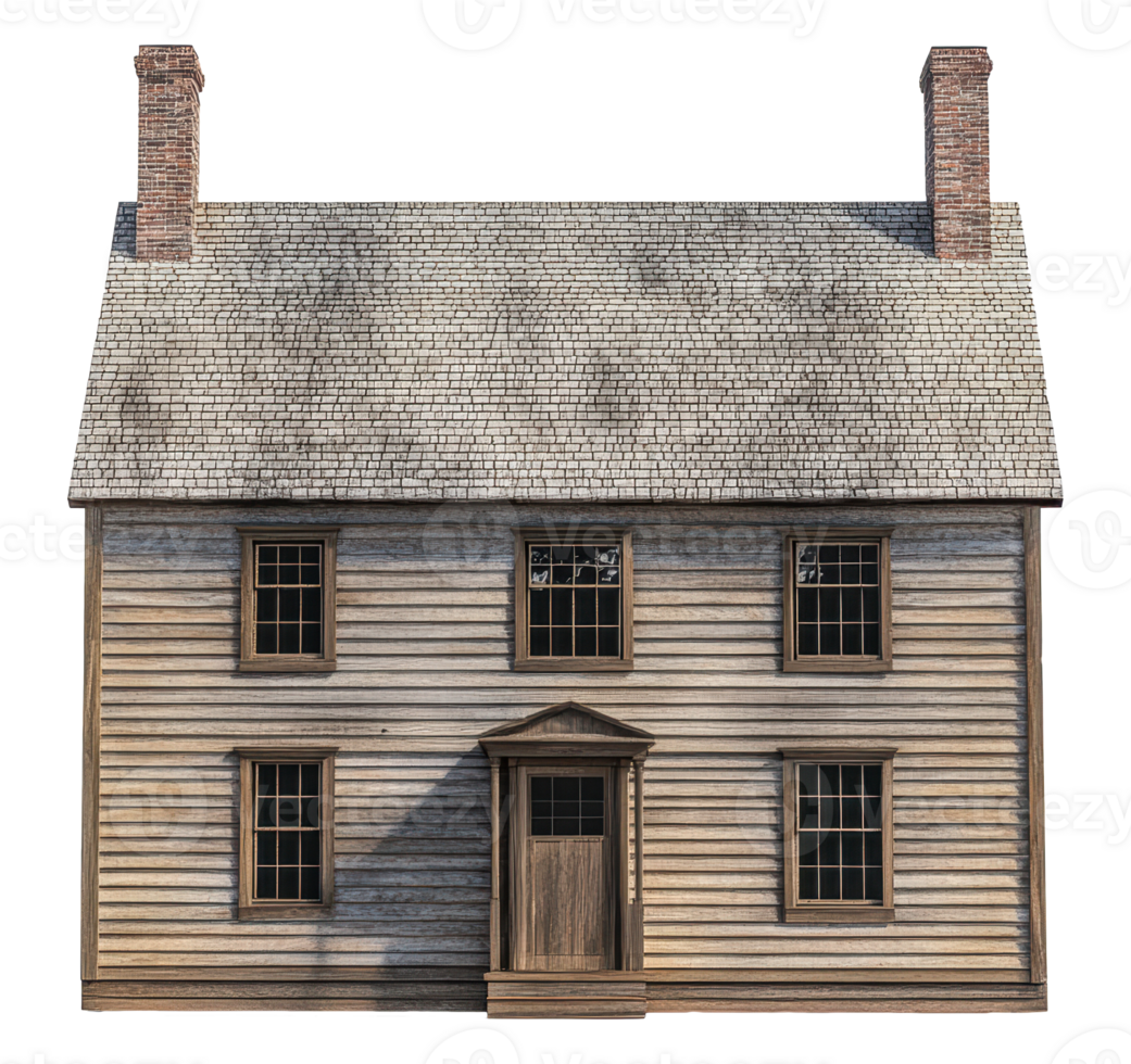 Traditional wooden house with chimney in daylight, cut out - stock . png