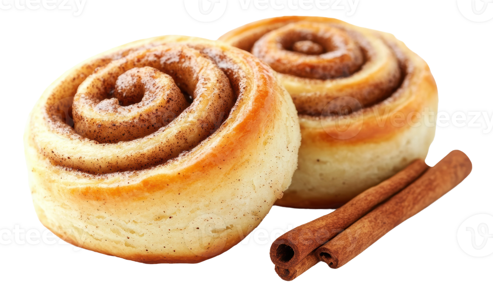 Warm cinnamon rolls with a sprinkle of sugar and cinnamon, freshly baked and served with cinnamon sticks, cut out - stock . png