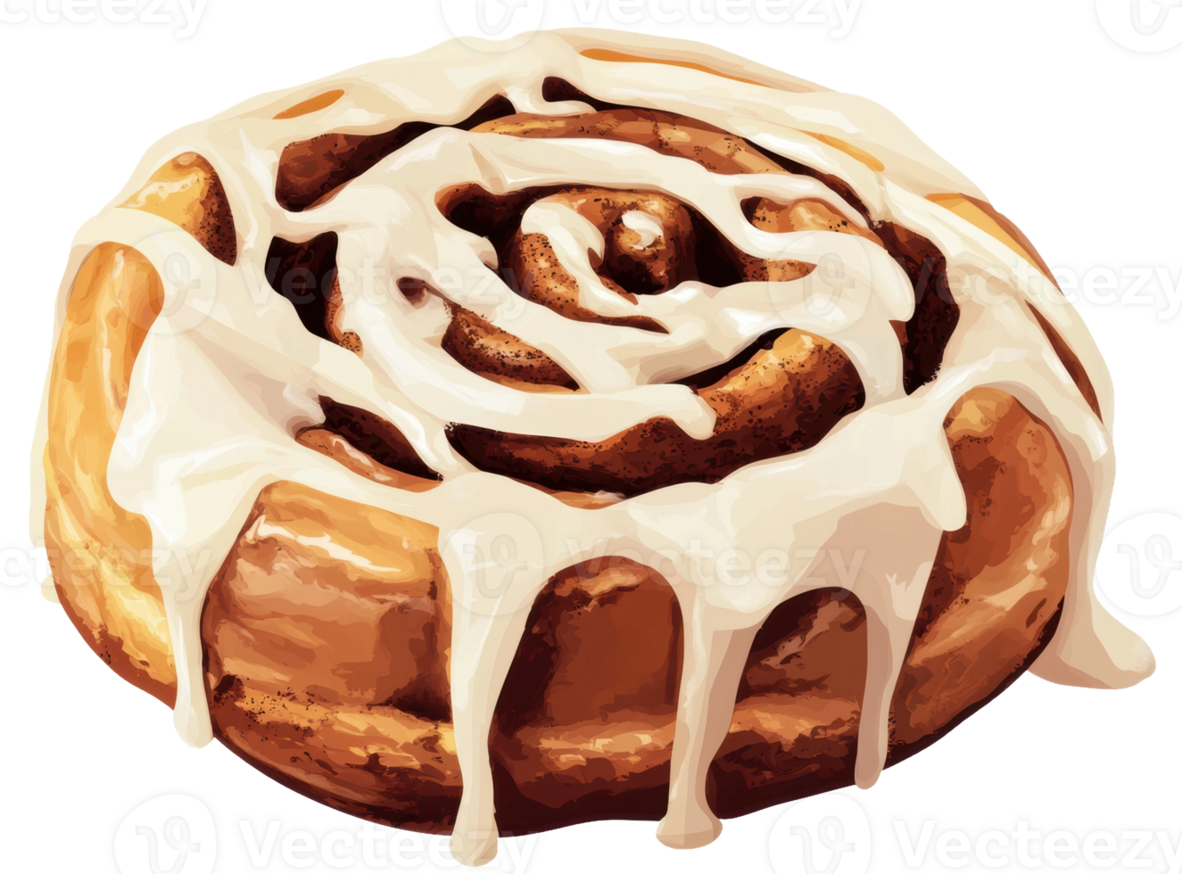 Freshly baked cinnamon roll with icing, cut out - stock . png