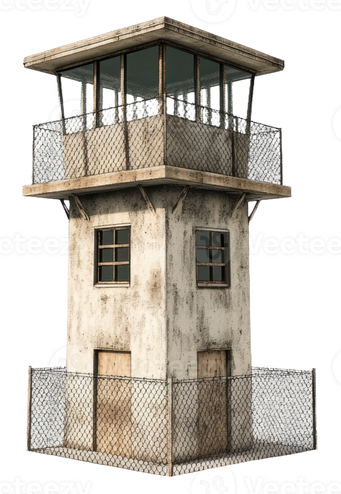 Old watchtower near a fenced perimeter, cut out - stock . png