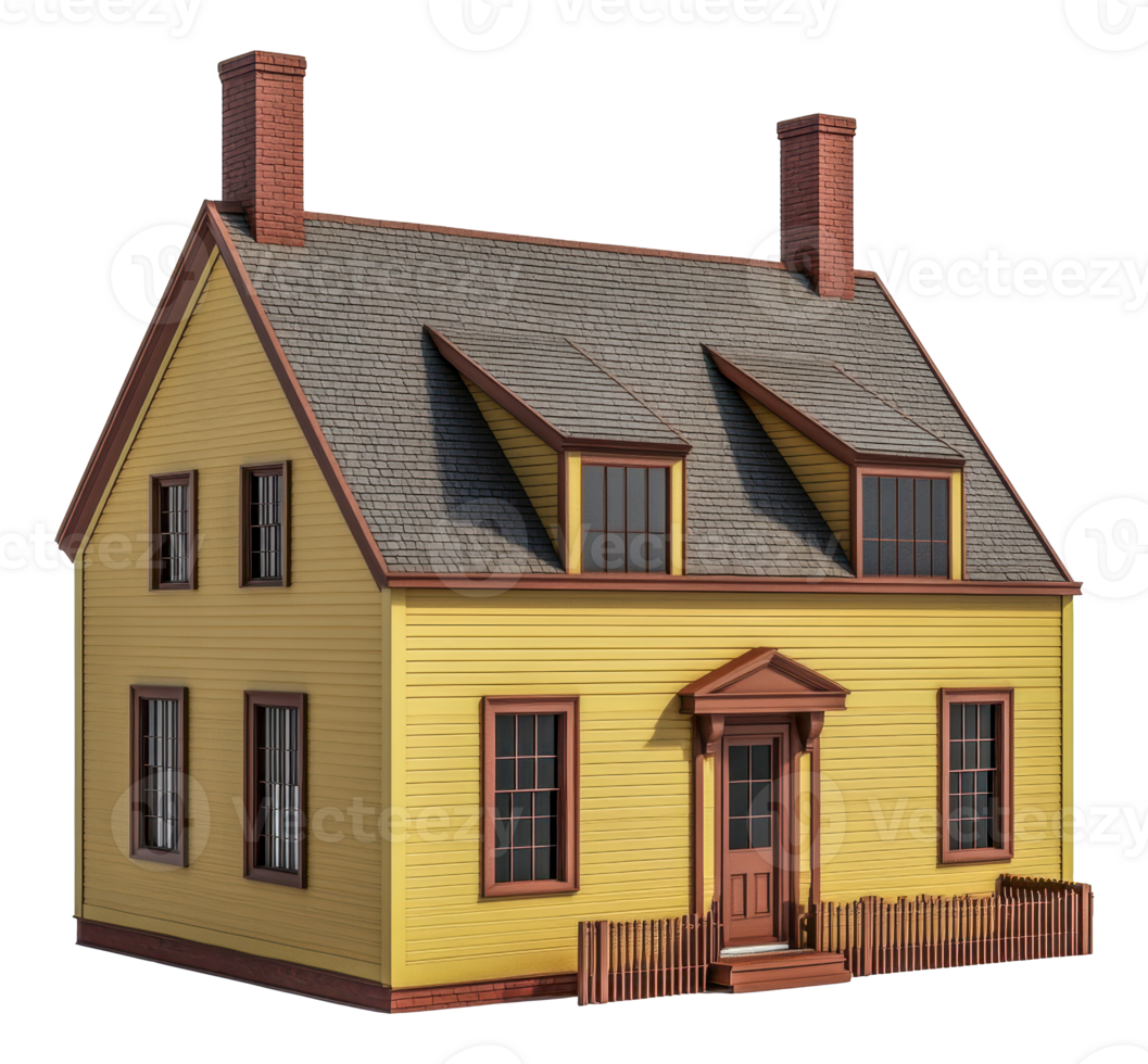 Charming yellow house with chimney and fence, cut out - stock . png