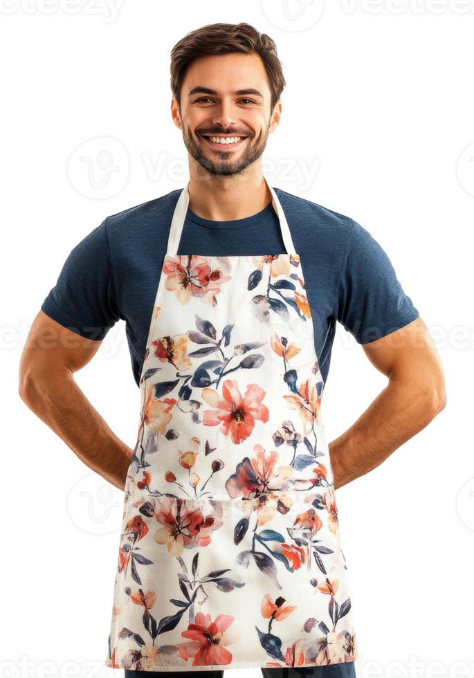 Man wearing a floral apron and smiling, cut out - stock . png