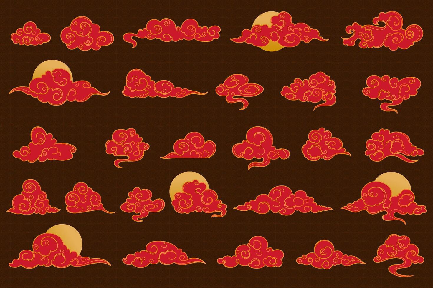 Hand drawn linear oriental clouds. Chinese cloud element collection. Elegant clouds and waves in Japanese style. Asian traditional ornaments. vector
