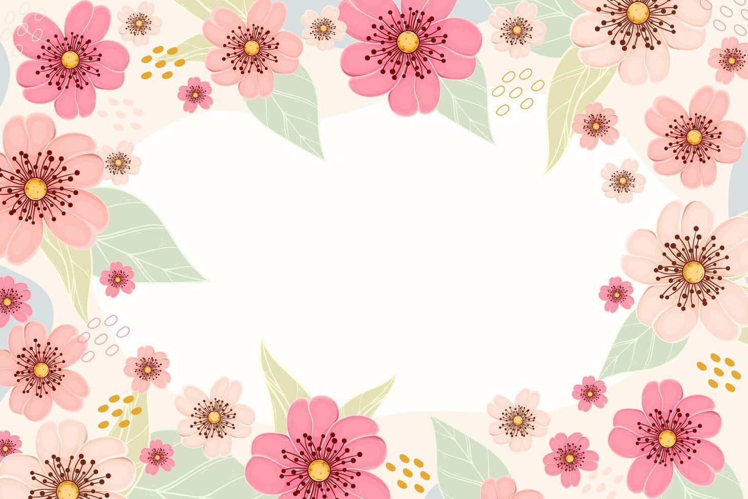 Floral background with pink Sakura flowers. Spring background with hand drawn cherry blossoms. Beautiful background with spring flowers, leaves and branches vector