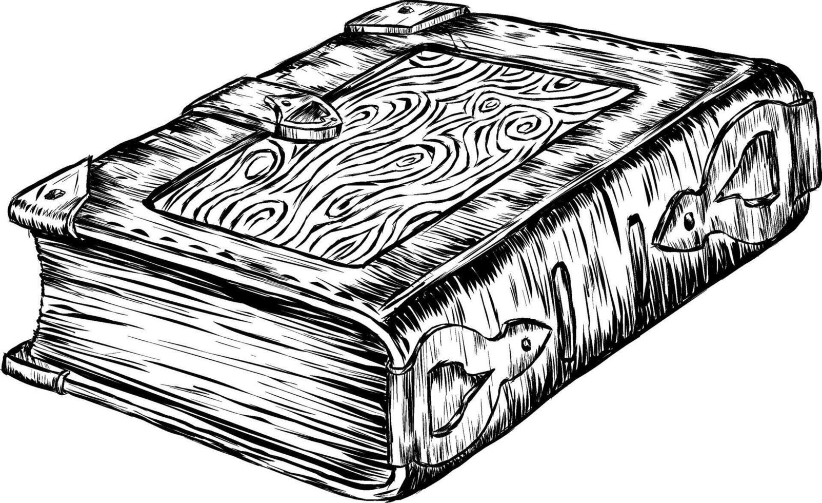 black and white drawing ancient book leather-bound folio with metal edging. illustration is an ancient book with patterns and a strap for fastening the book. Thick Paper Book Chronicle or vector