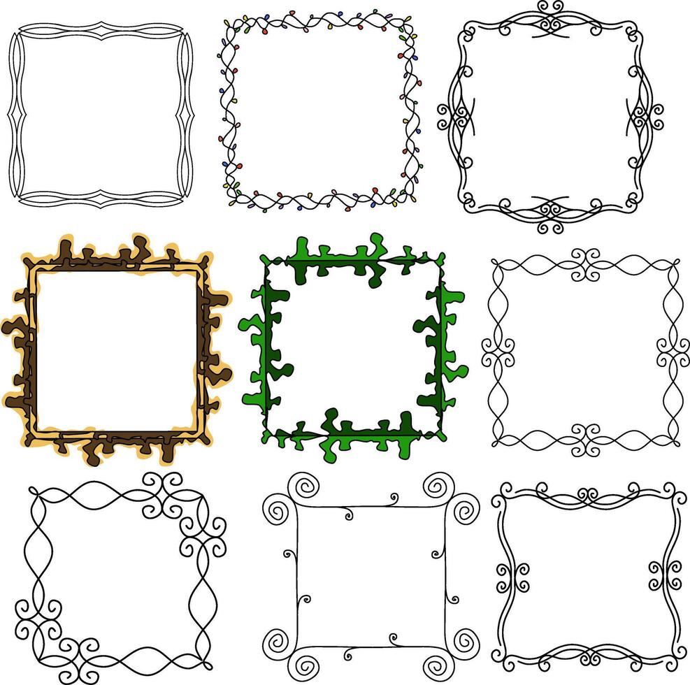 A set of carved beautiful frames with floral ornaments or abstract square patterned frames in the form of a Christmas garland. illustration Beautiful carved frames to frame messages text and vector