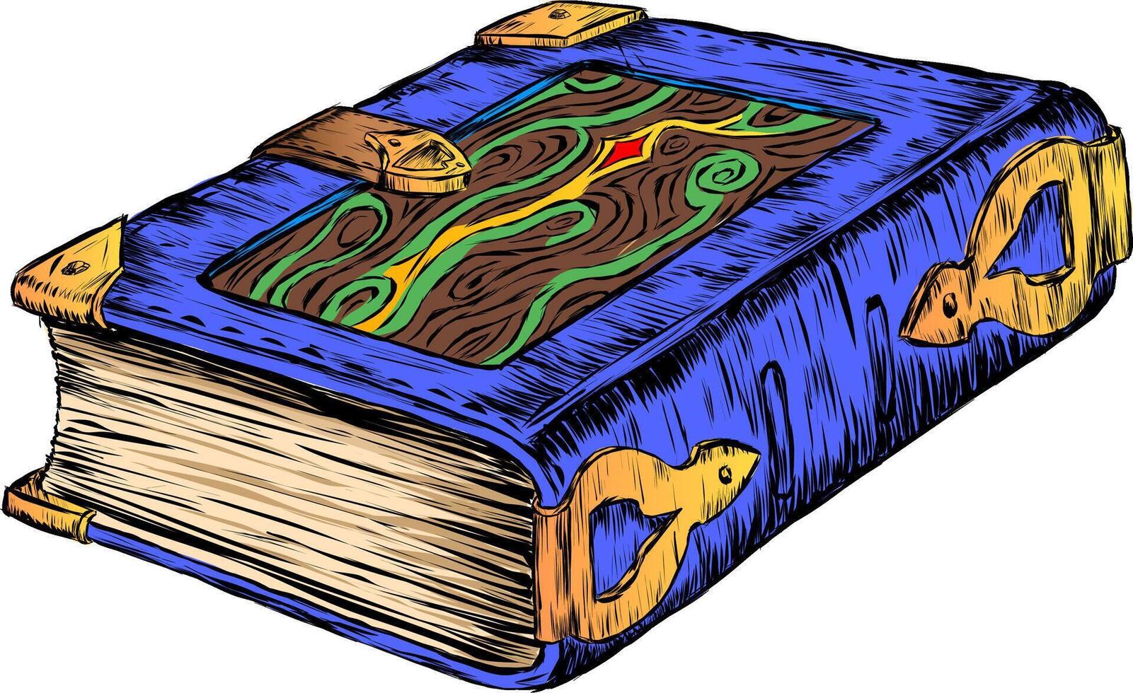 A thick blue book edged with copper corners in a stitched leather binding made of tanned leather of now non-existent magical animals. illustrationA thick blue book edged with copper corners in vector