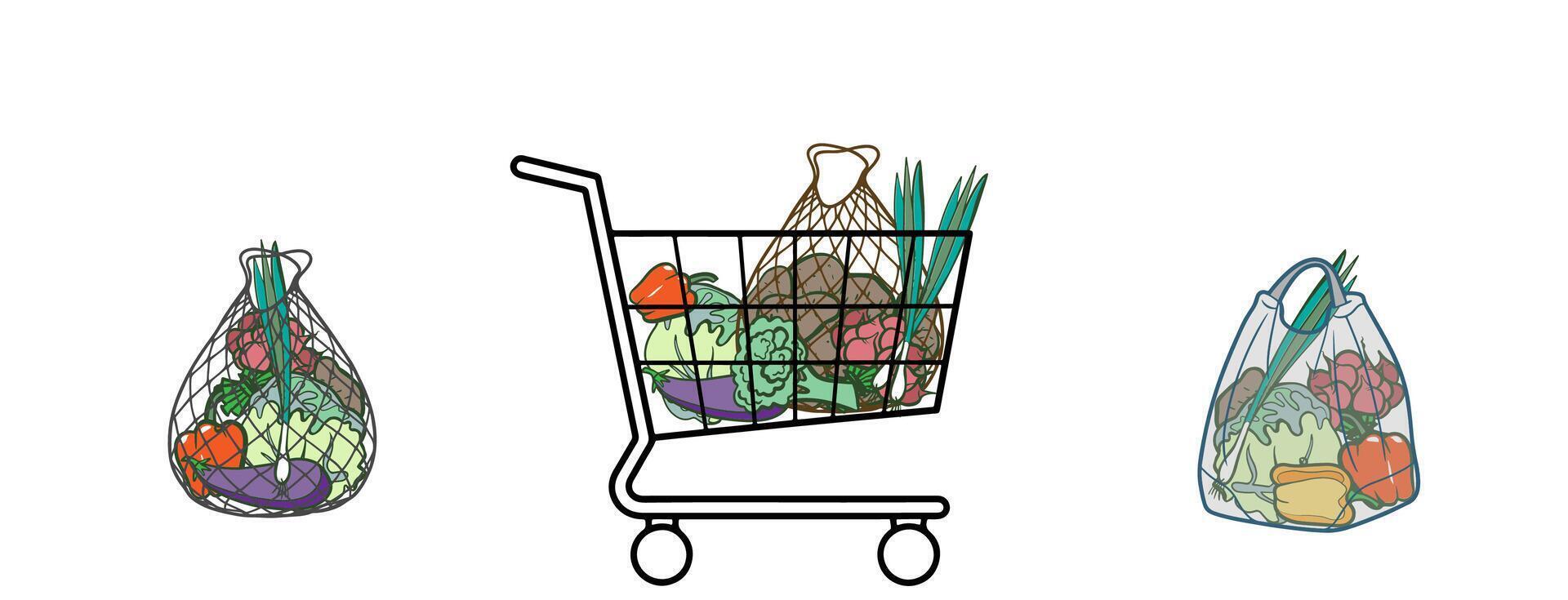 Set of products, vegetables in a cart, basket, string bag. Shopping bags and baskets flat illustrations set. vector