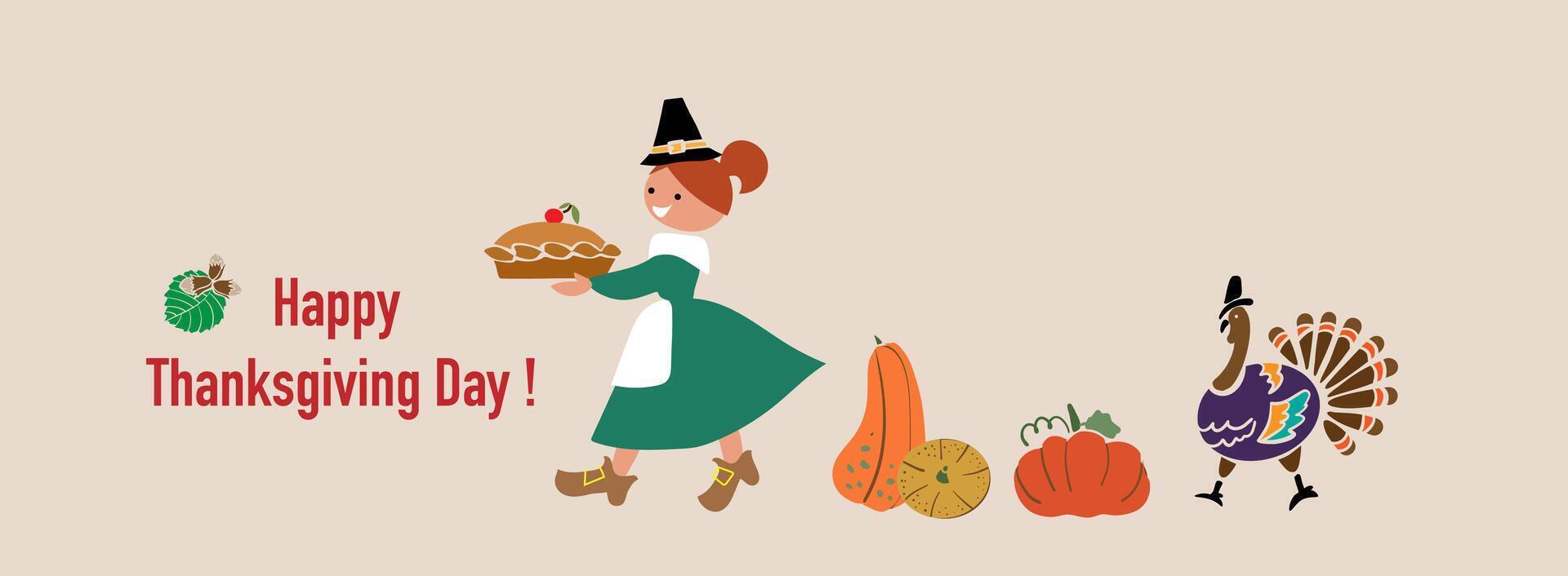 Decorative design Thanksgiving with seasonal elements, girl and turkey. For banners, cards, posters and invitations. vector