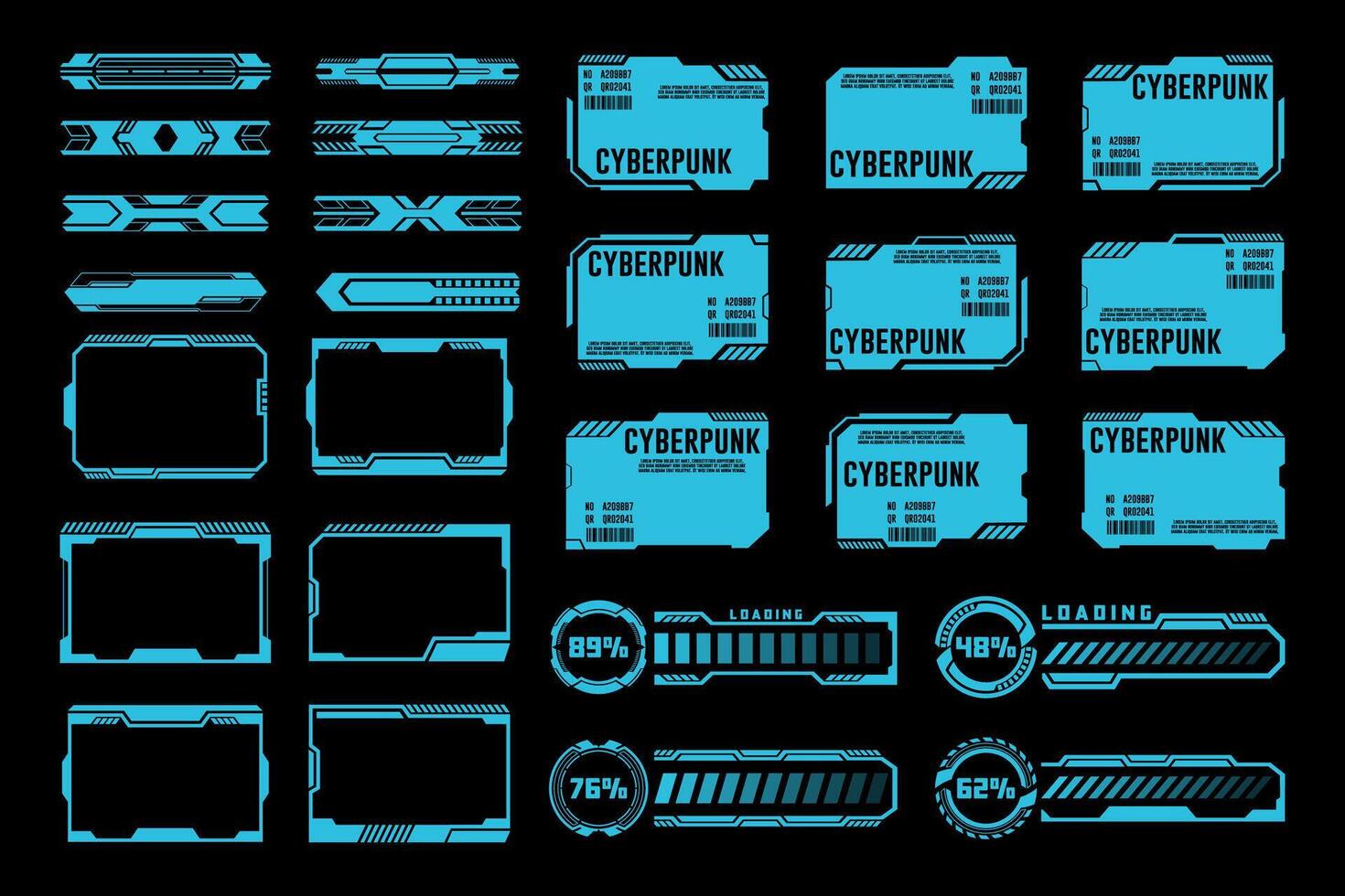 Futuristic Cyberpunk Interface Templates. Neon Blue HUD Elements and Loading Bars Set vector