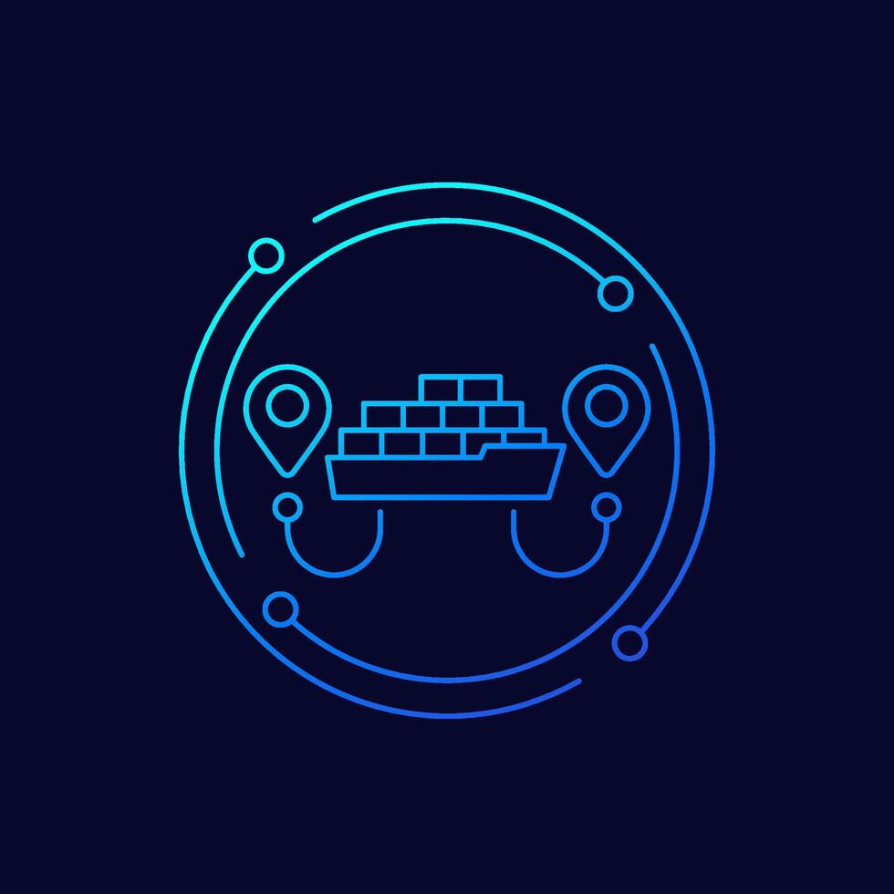 cargo container ship icon, maritime routes linear design vector