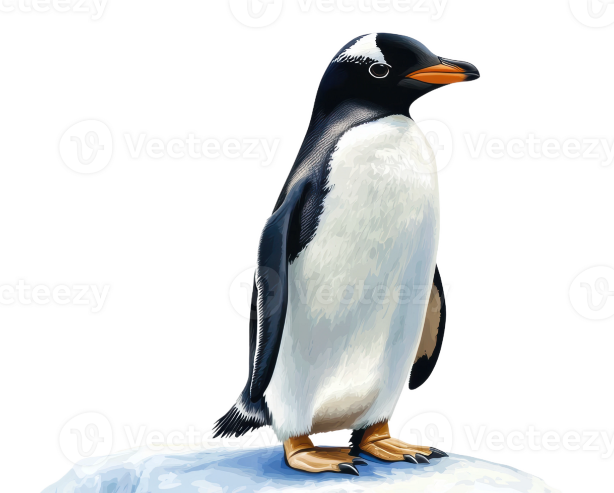 Gentoo penguin standing on a snowy surface, cut out - stock . png