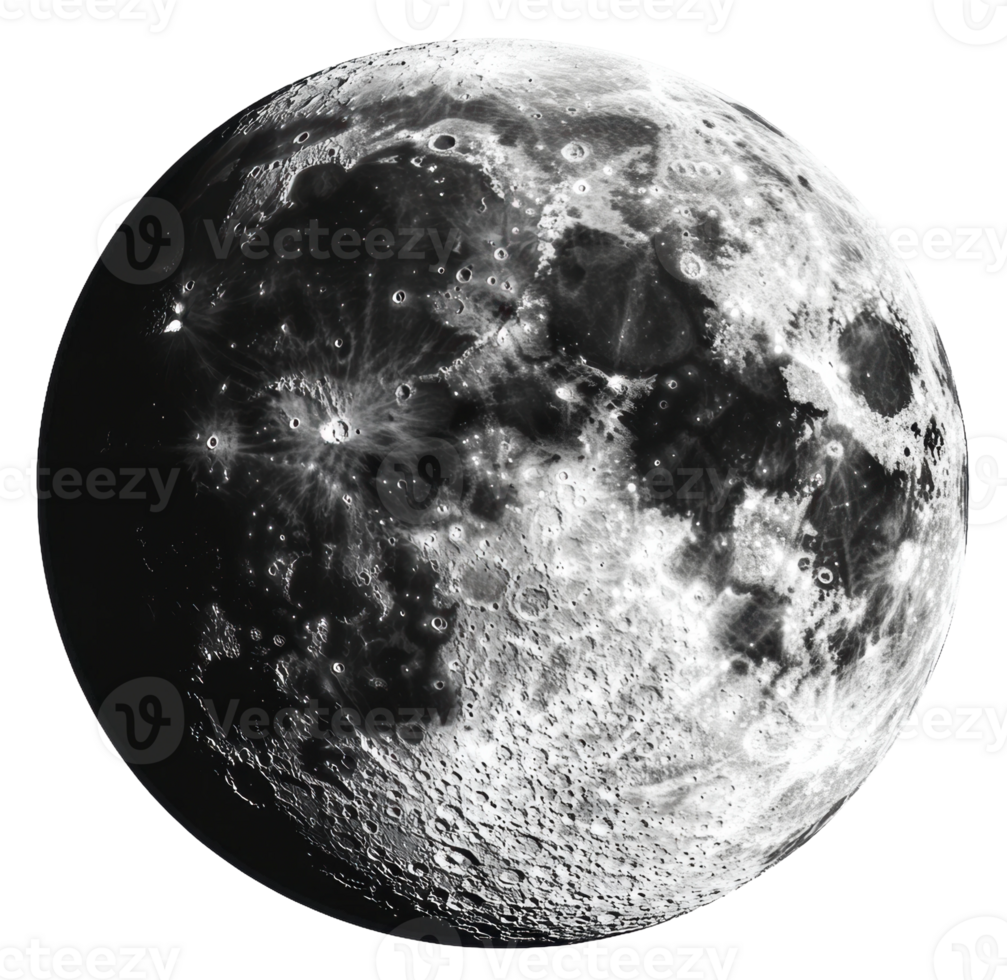 Detailed view of the moon's surface at night, cut out - stock . png