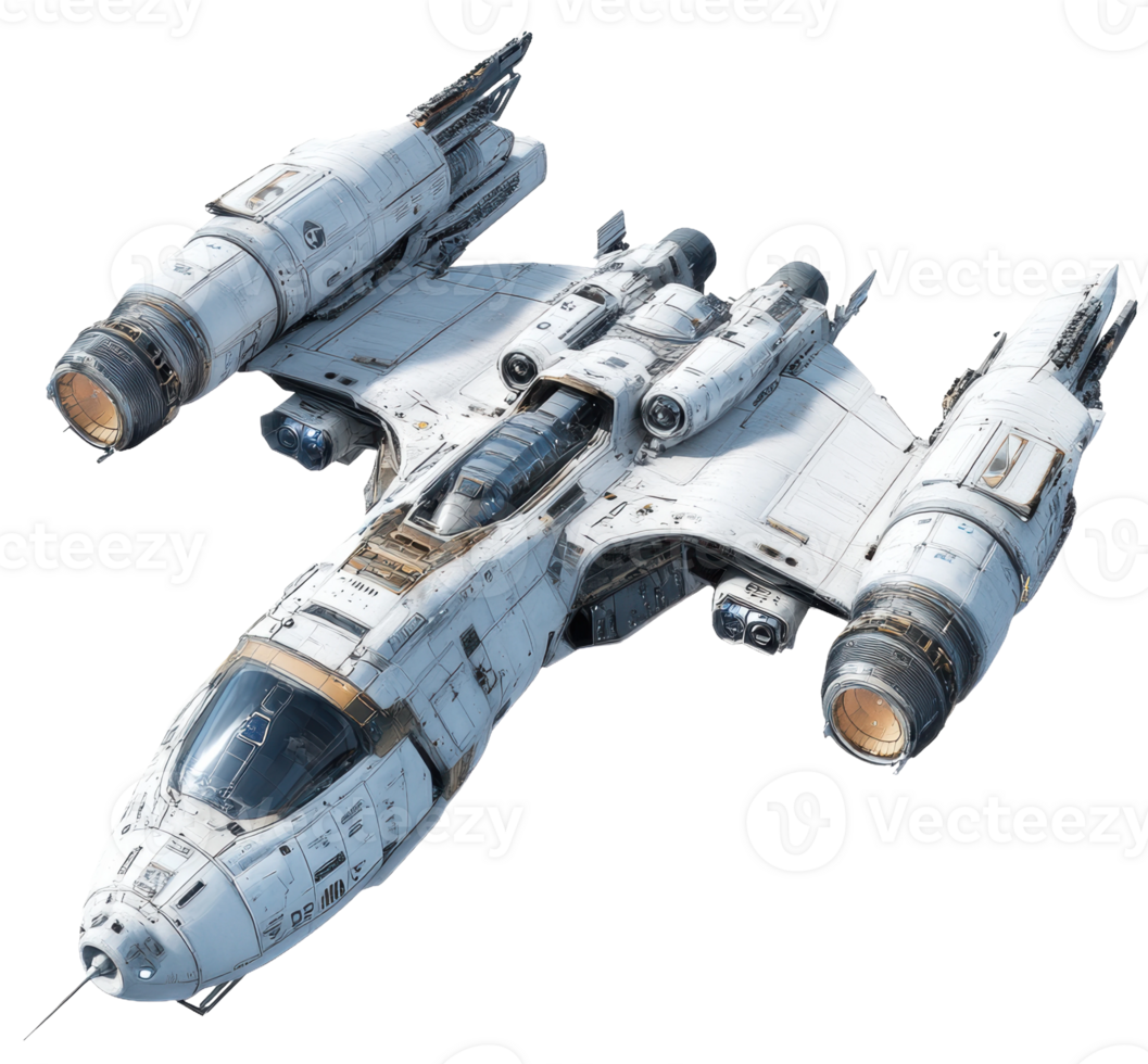 Futuristic spacecraft flying in a blue sky, cut out - stock . png