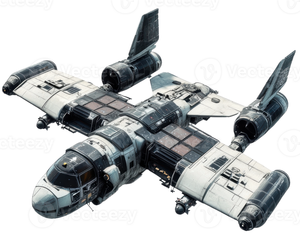 Futuristic aircraft flying over a city skyline, cut out - stock . png