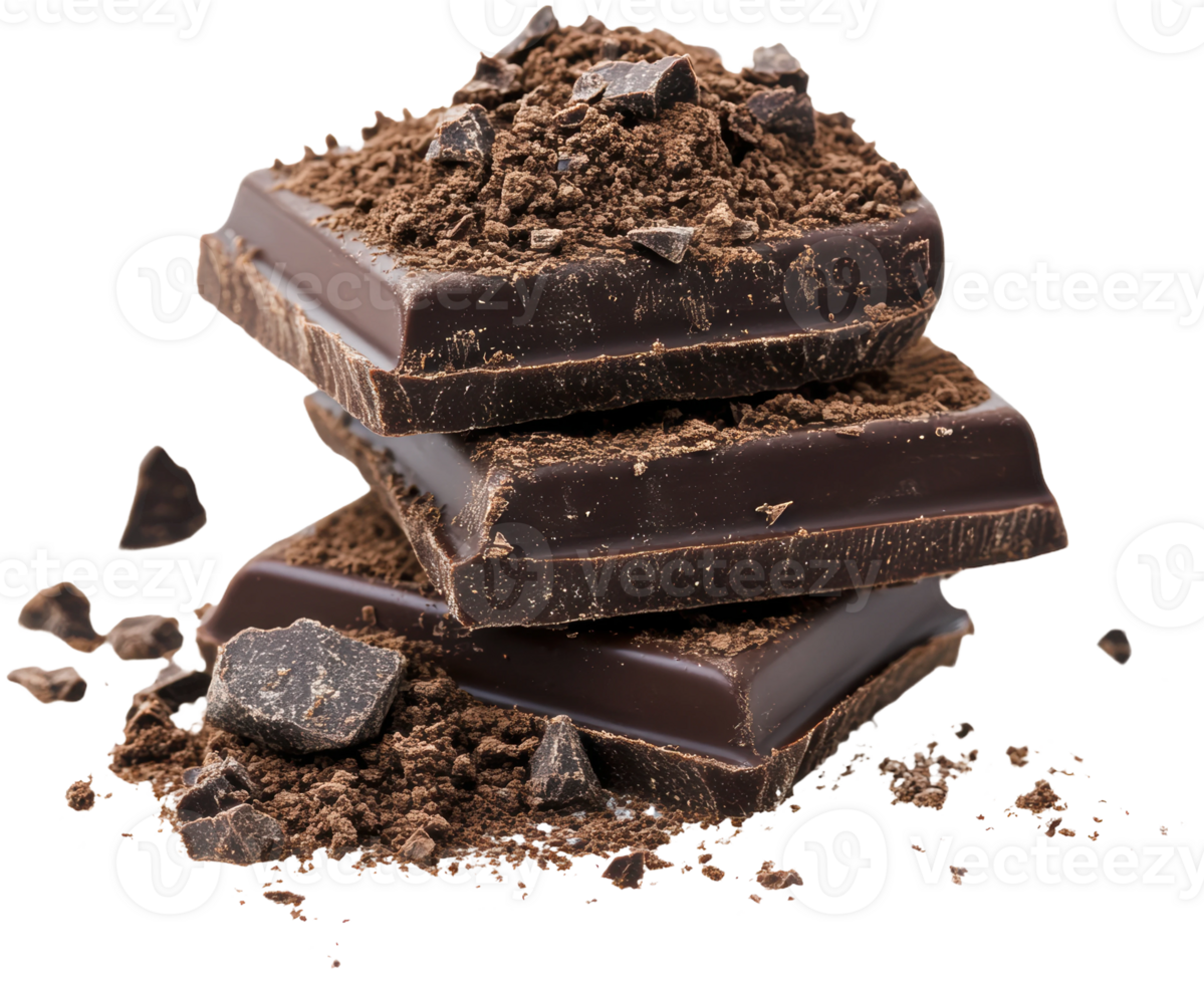 Dark chocolate pieces with cocoa powder, cut out - stock . png