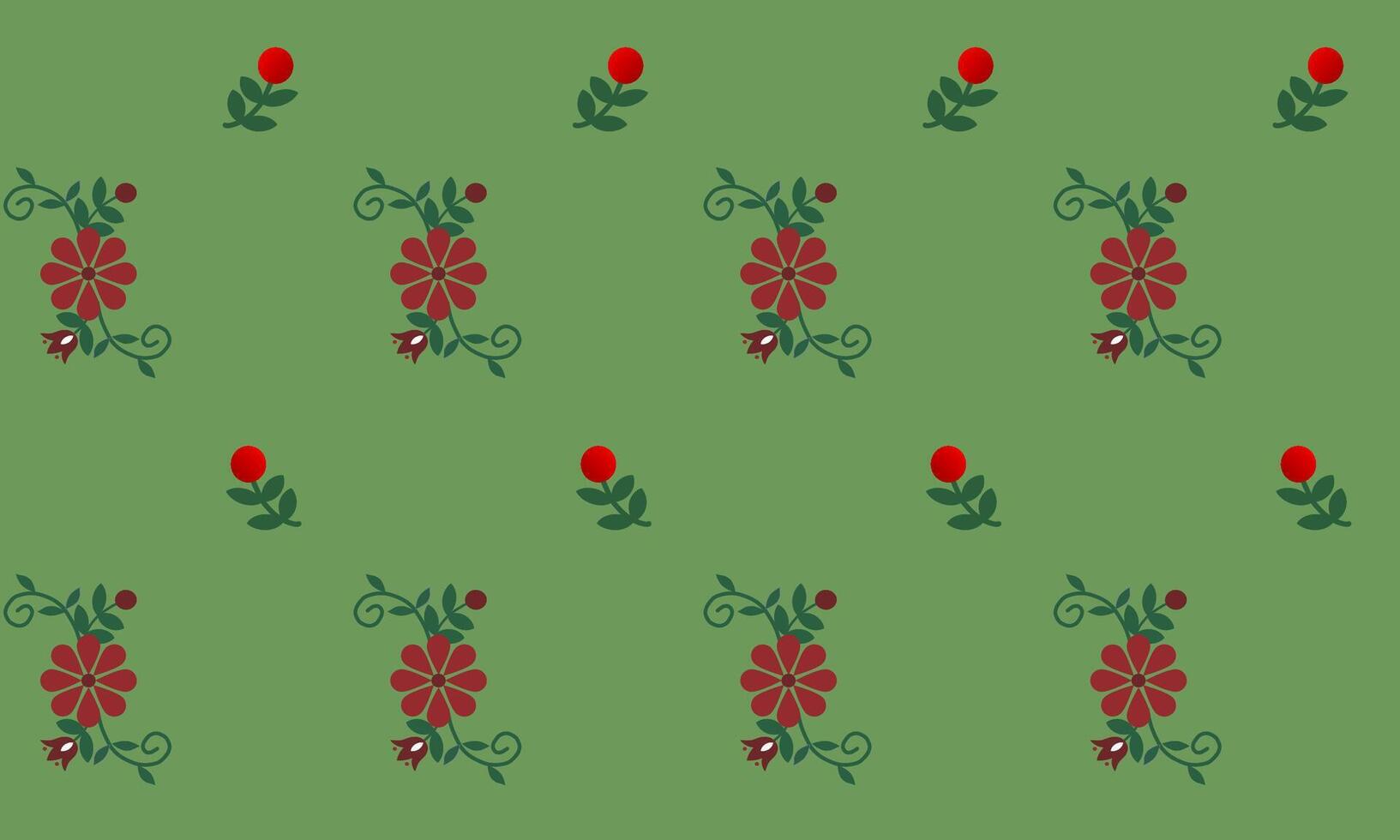 a detailed fabric pattern composed of shape designs,red flower,leaf on green background. vector