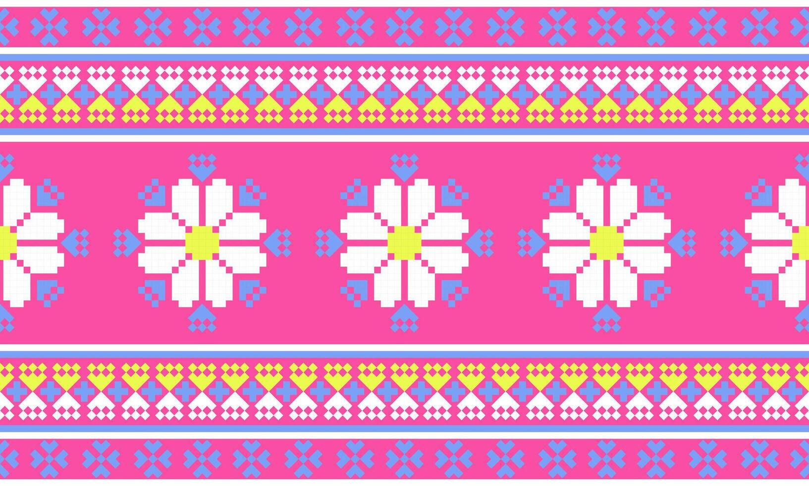 a detailed fabric pattern composed of pixel designs ,white flowers ,light blue and yellow shape on pink background. vector