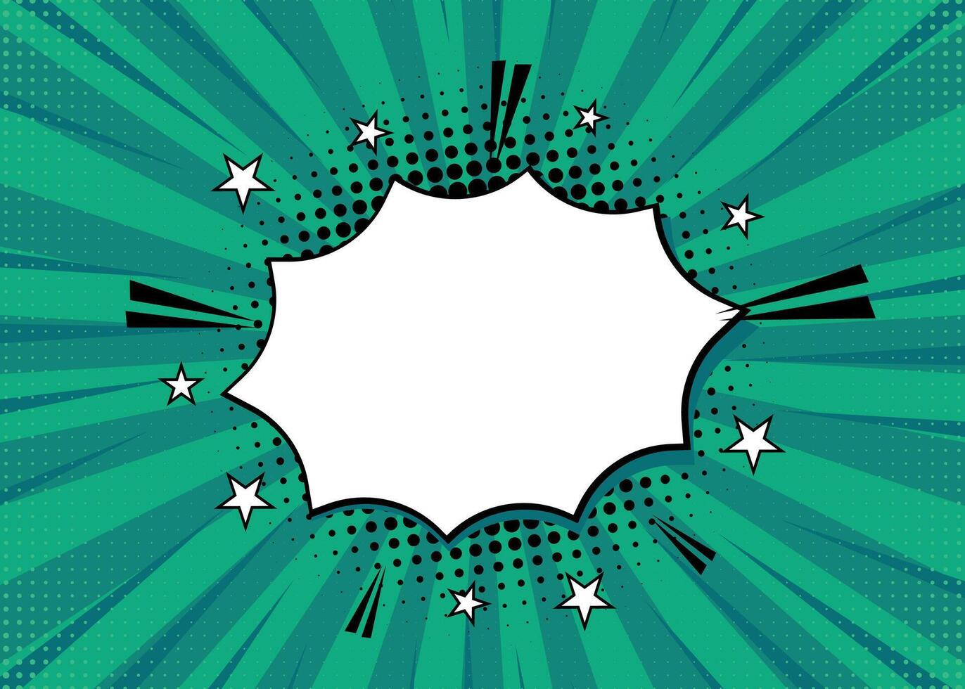 Pop art halftone background with star speech bubble. Green comic starburst pattern. Vintage halftone shadow. illustration vector