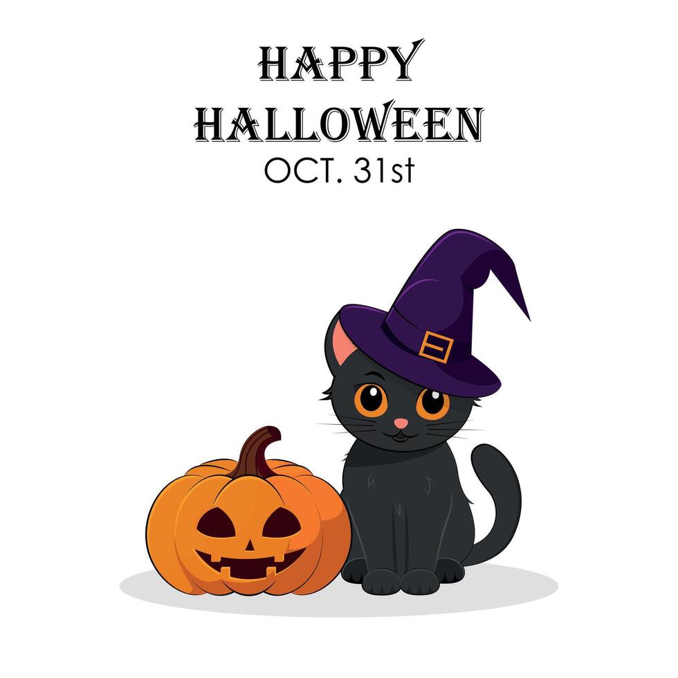 Happy Halloween. Greeting card or invitation with cute pumpkin and black cat in witch hat isolated on white background. illustration vector