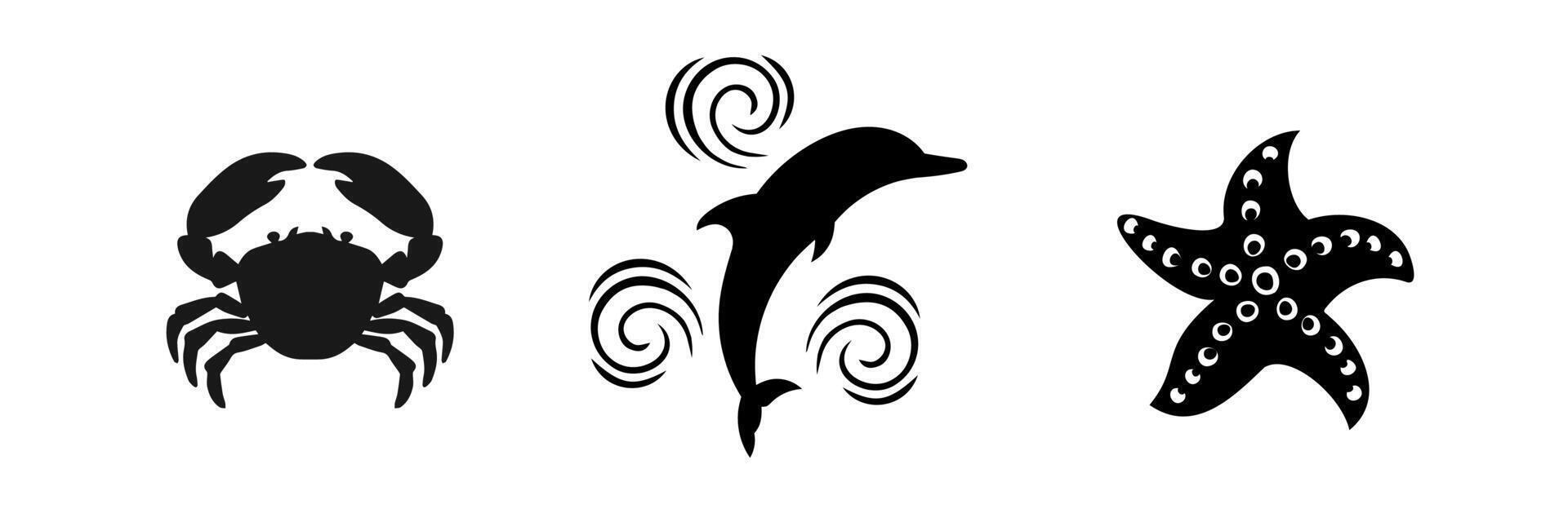 Set of marine icons. Contains starfish, dolphin, crab. illustration. vector