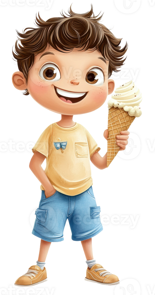 Happy boy holding ice cream on a sunny day, cut out - stock . png