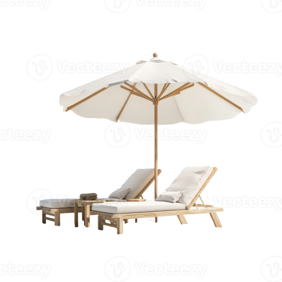 Relaxing sun loungers under an umbrella on a beach, cut out - stock . png