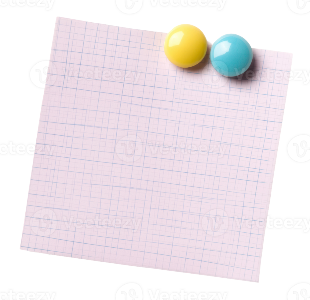 Pink notepad with yellow and blue pushpins, cut out - stock . png
