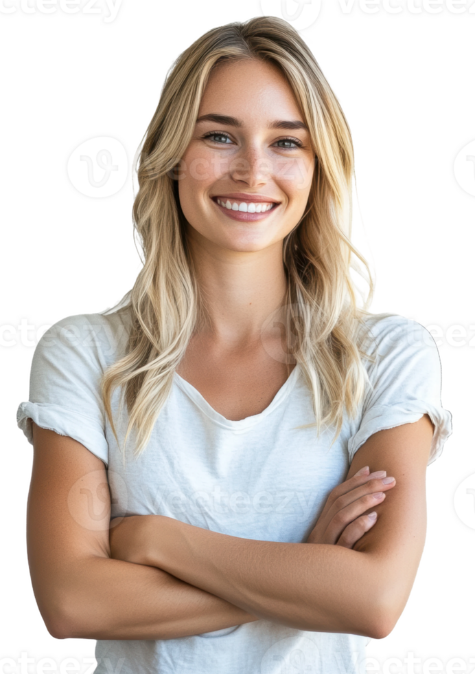 Young woman smiling confidently with arms crossed, cut out - stock . png
