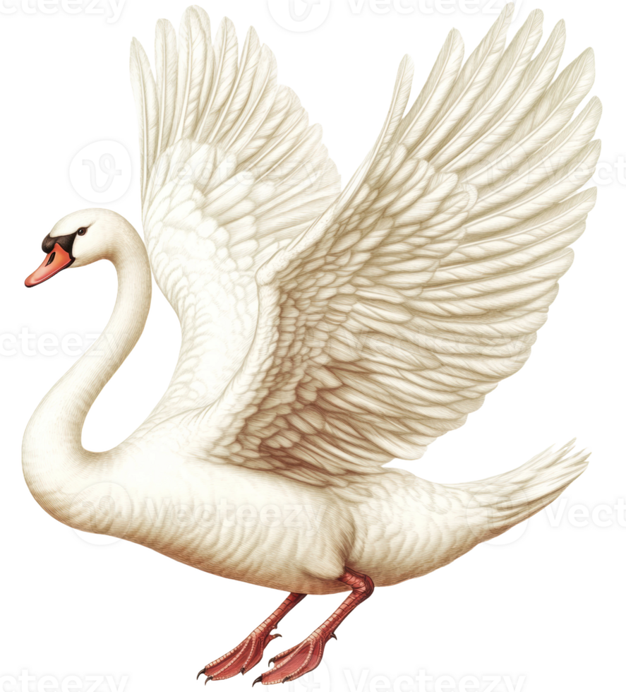 White swan displaying wings near a lake in spring, cut out - stock . png