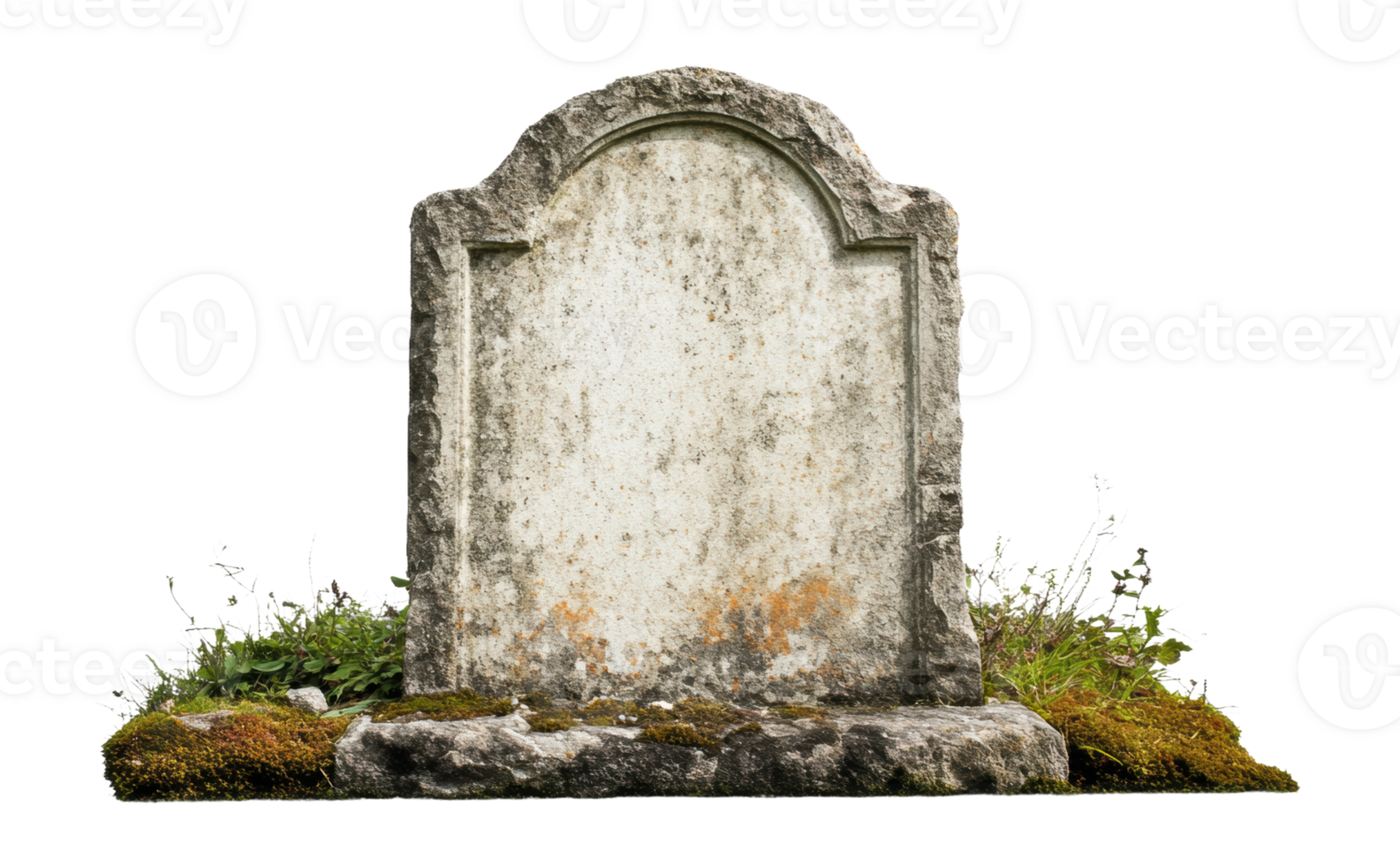 Weathered gravestone surrounded by overgrown grass, cut out - stock . png