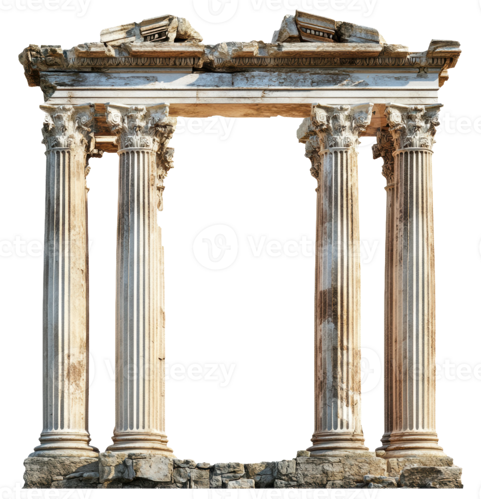 Ancient temple ruins with four columns in sunlight, cut out - stock . png