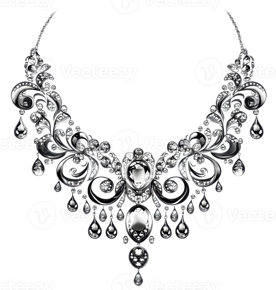 Elegant silver necklace with intricate design, cut out - stock . png