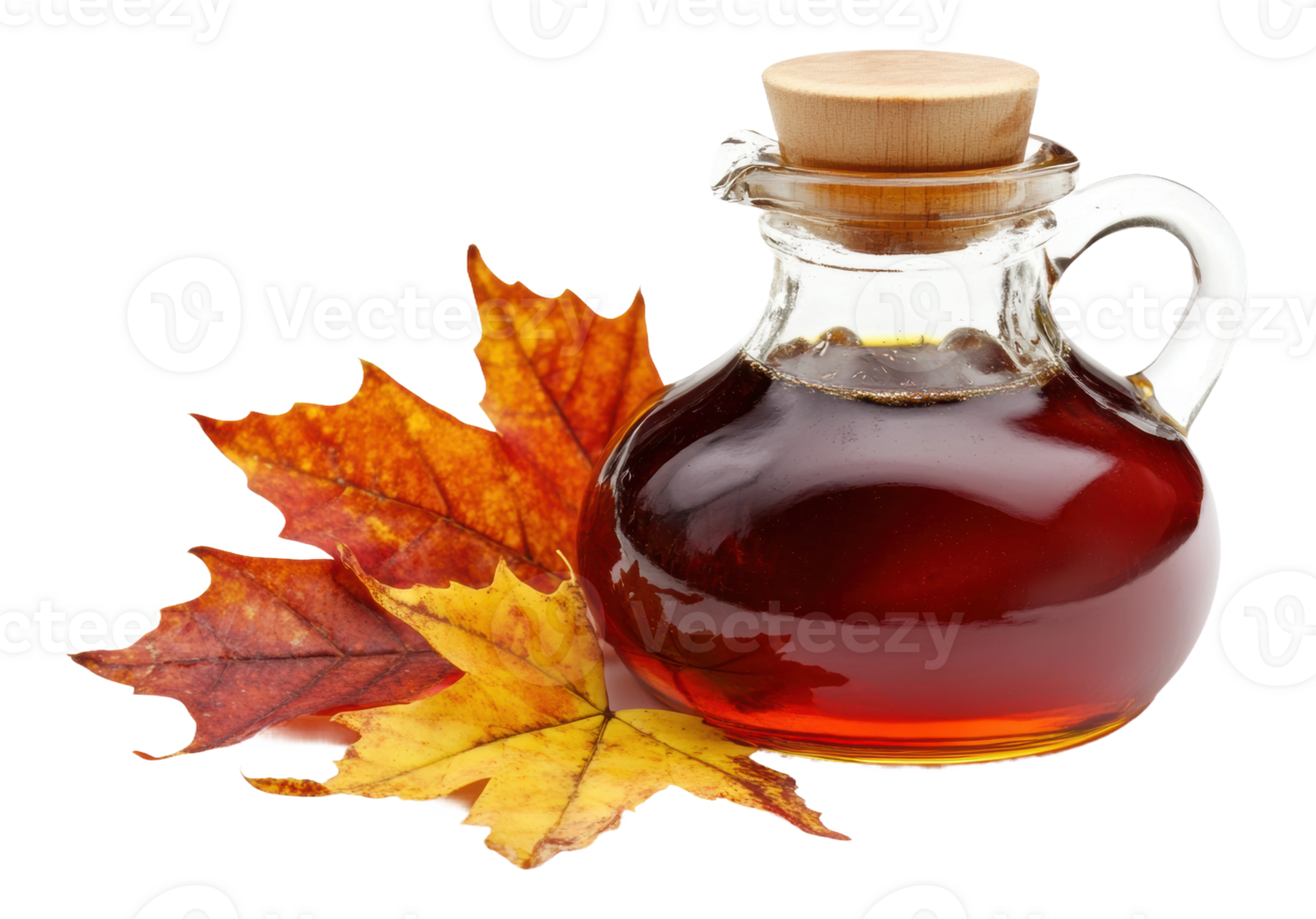 Maple syrup bottle with autumn leaves, cut out - stock . png