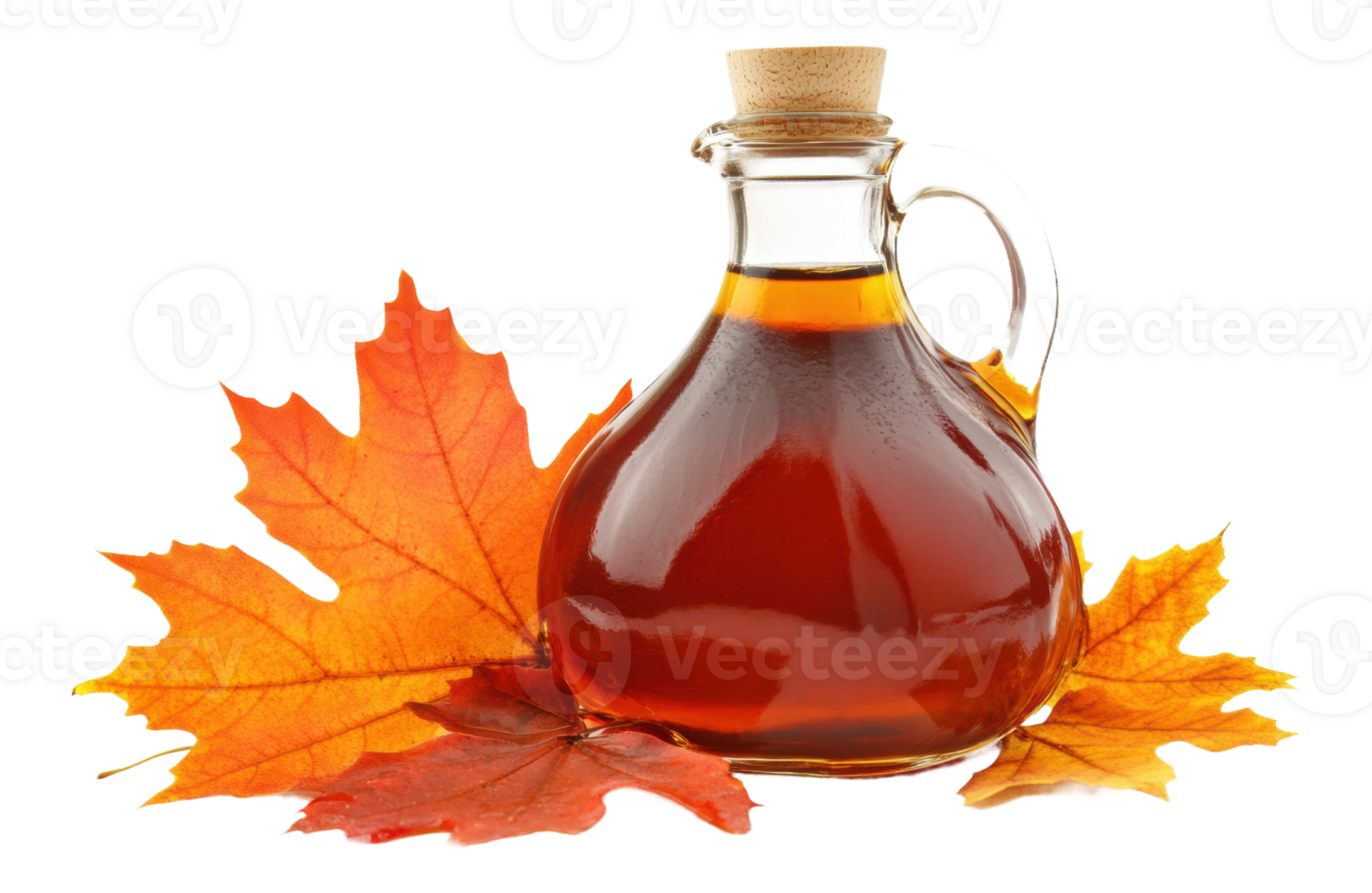 Maple syrup in a glass bottle with autumn leaves, cut out - stock . png