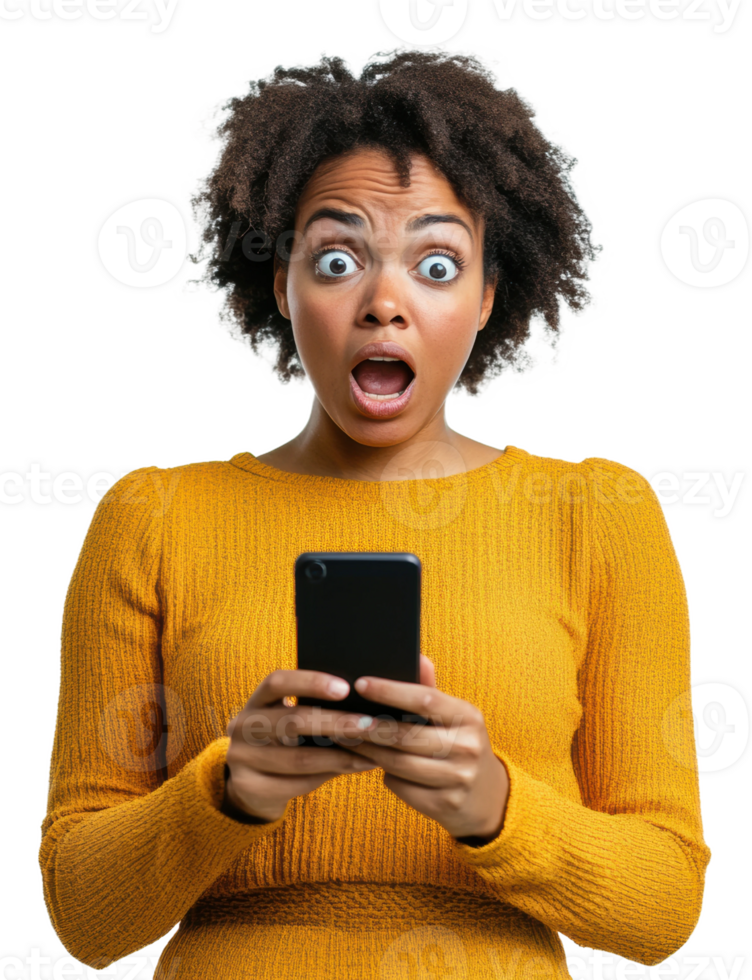 Surprised woman uses her smartphone indoors, cut out - stock . png