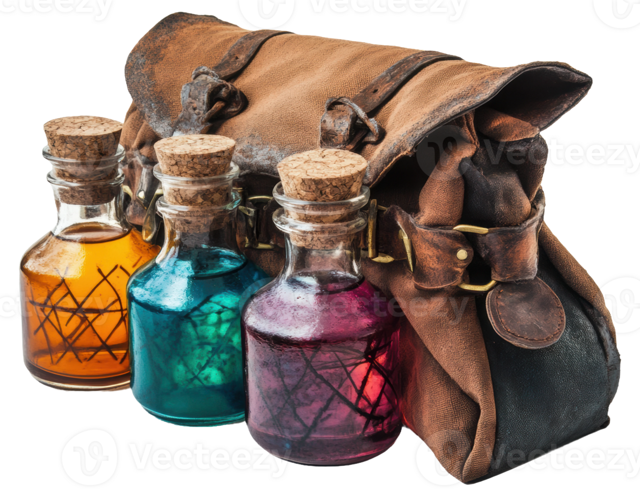 Colorful potion bottles beside a brown satchel, cut out - stock . png