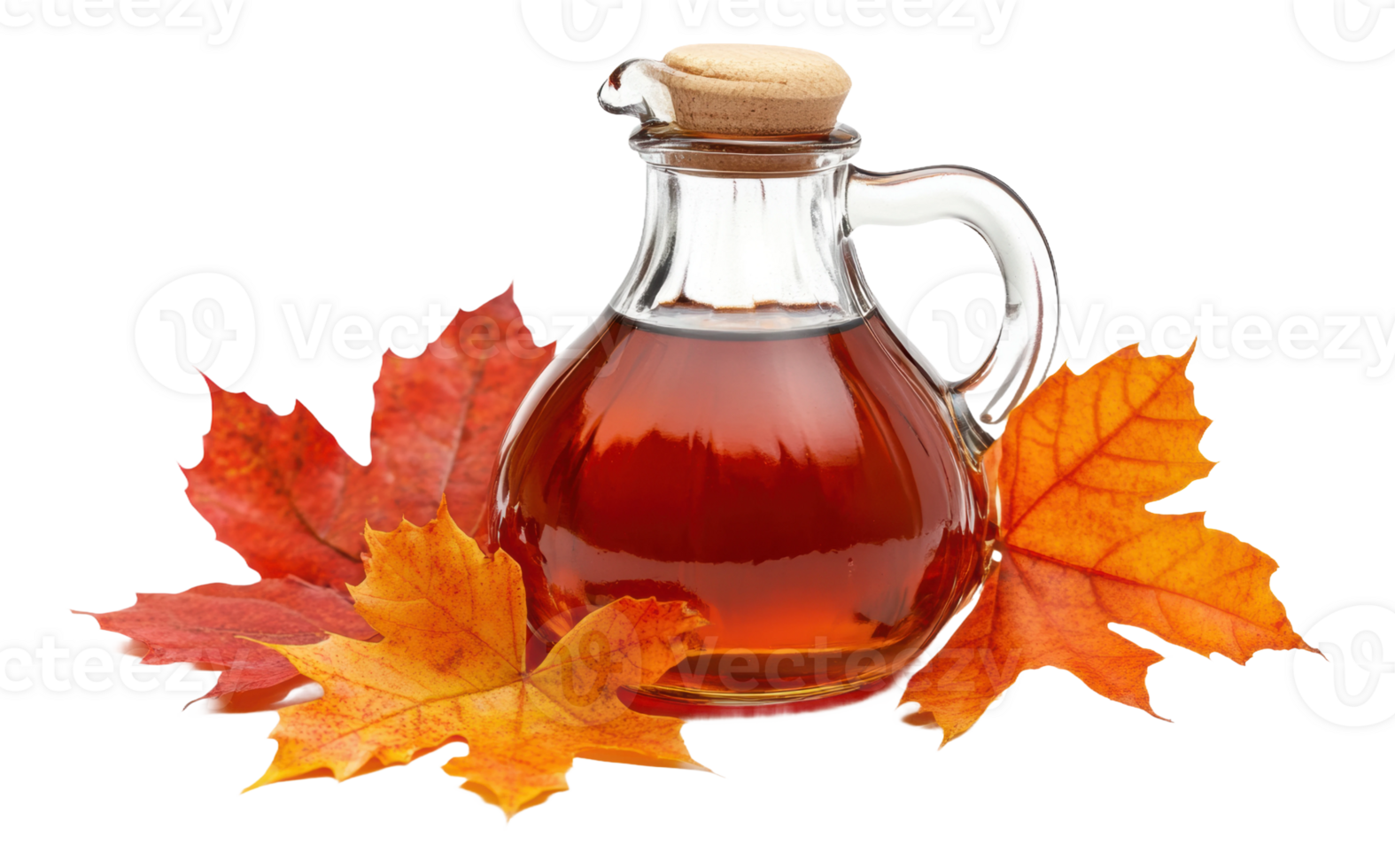 Maple syrup in a glass jar with autumn leaves, cut out - stock . png