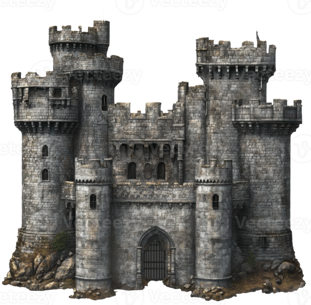 Medieval stone castle with towers and walls, cut out - stock . png