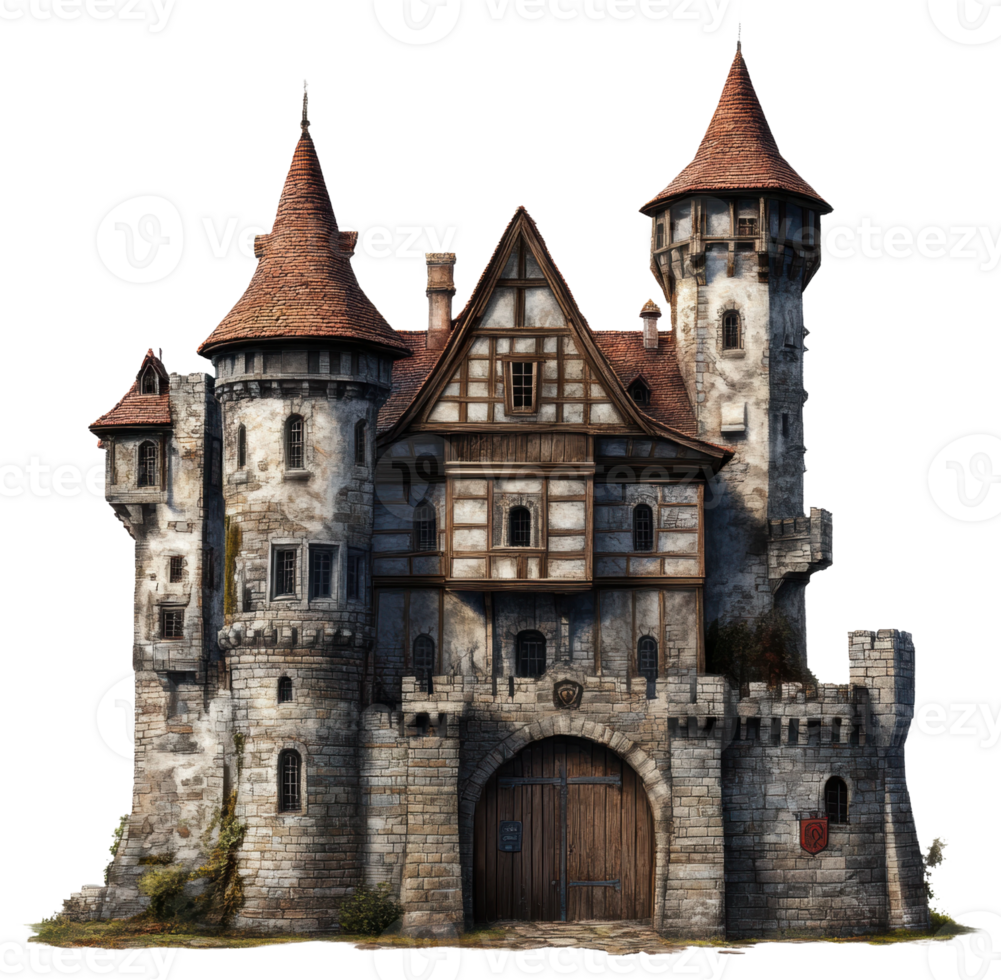 Historic stone castle with towers and wooden gate, cut out - stock . png