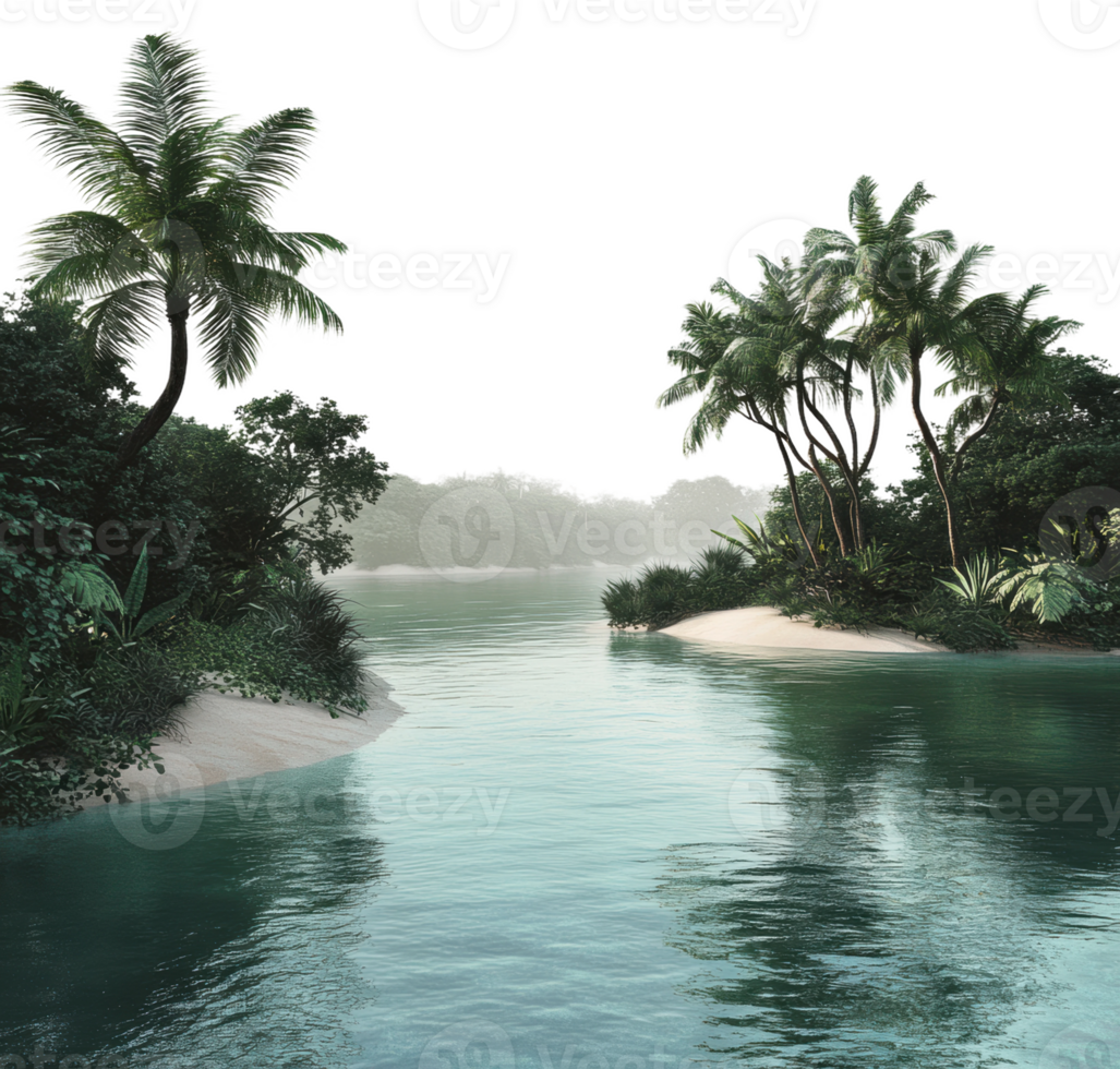 Tranquil river at dawn surrounded by lush foliage, cut out - stock . png
