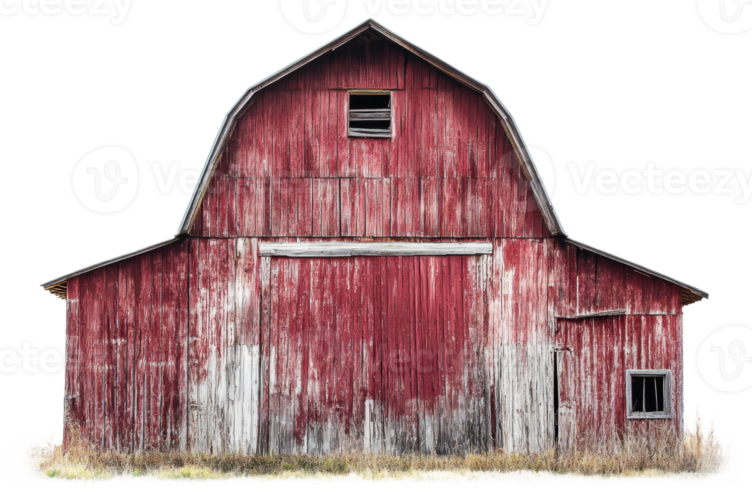 Old red barn surrounded by grass at midday, cut out - stock . png