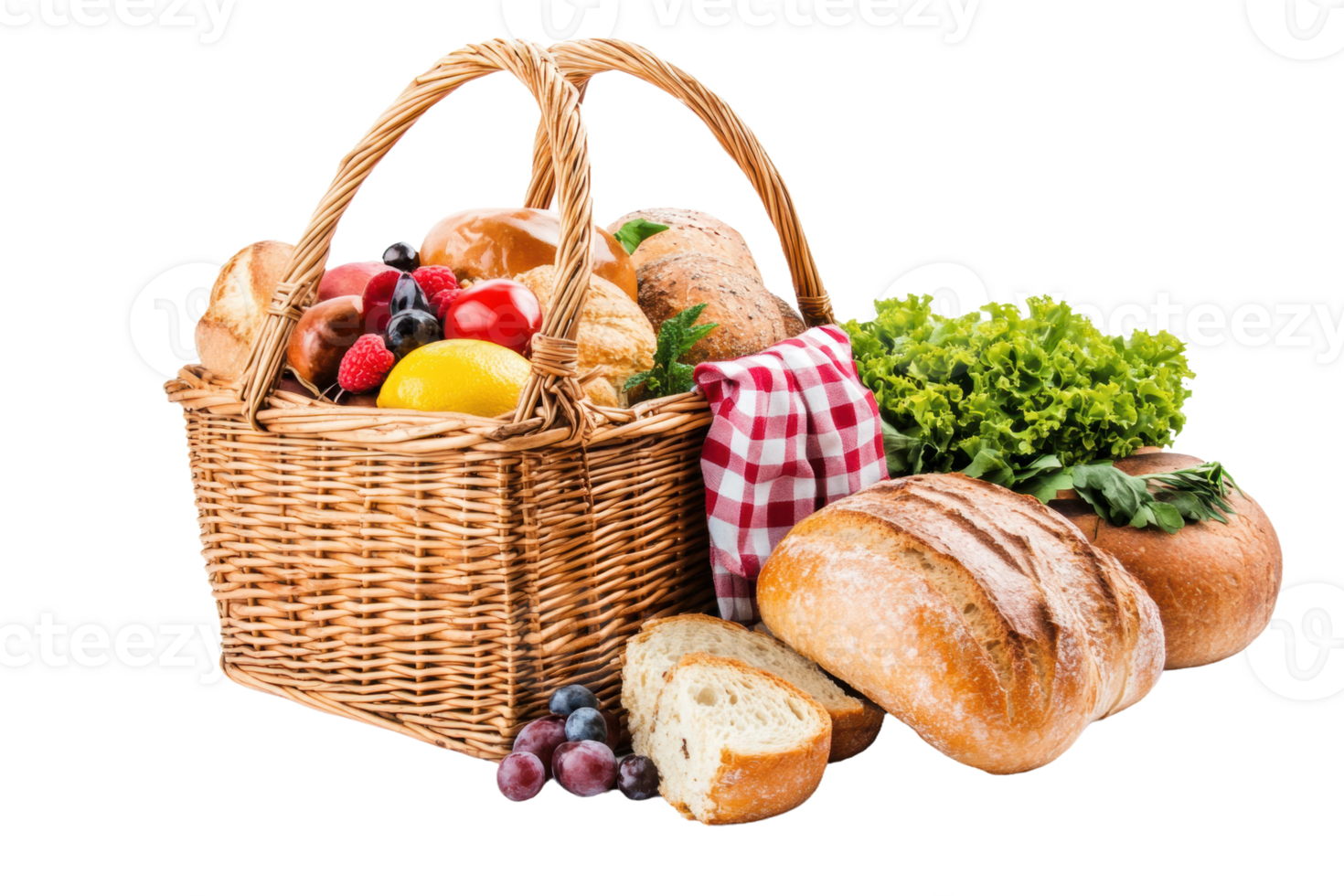 Fresh baked bread and fruits in a wicker basket, cut out - stock . png