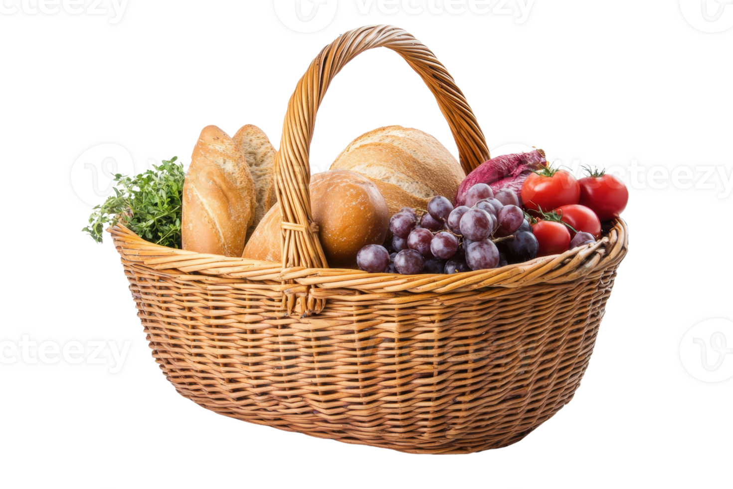 Fresh produce and bread in a wicker basket, cut out - stock . png