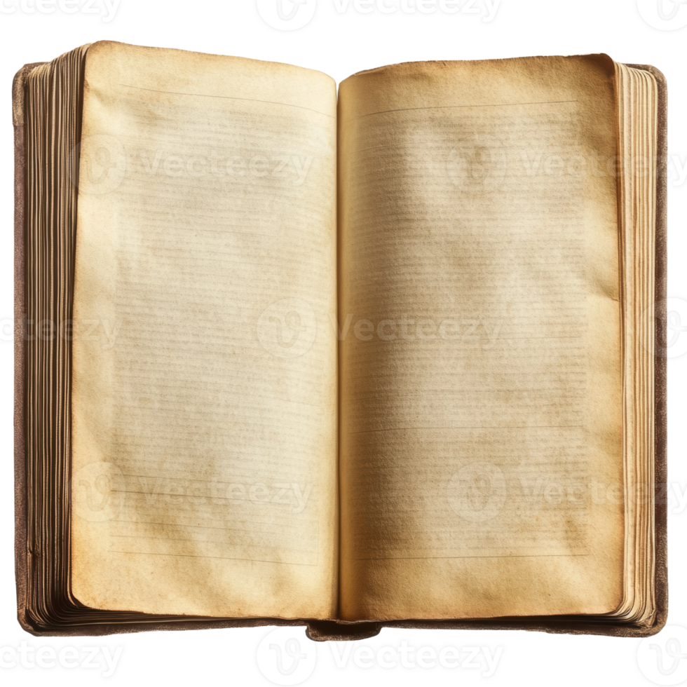 Open antique book with blank pages, cut out - stock . png