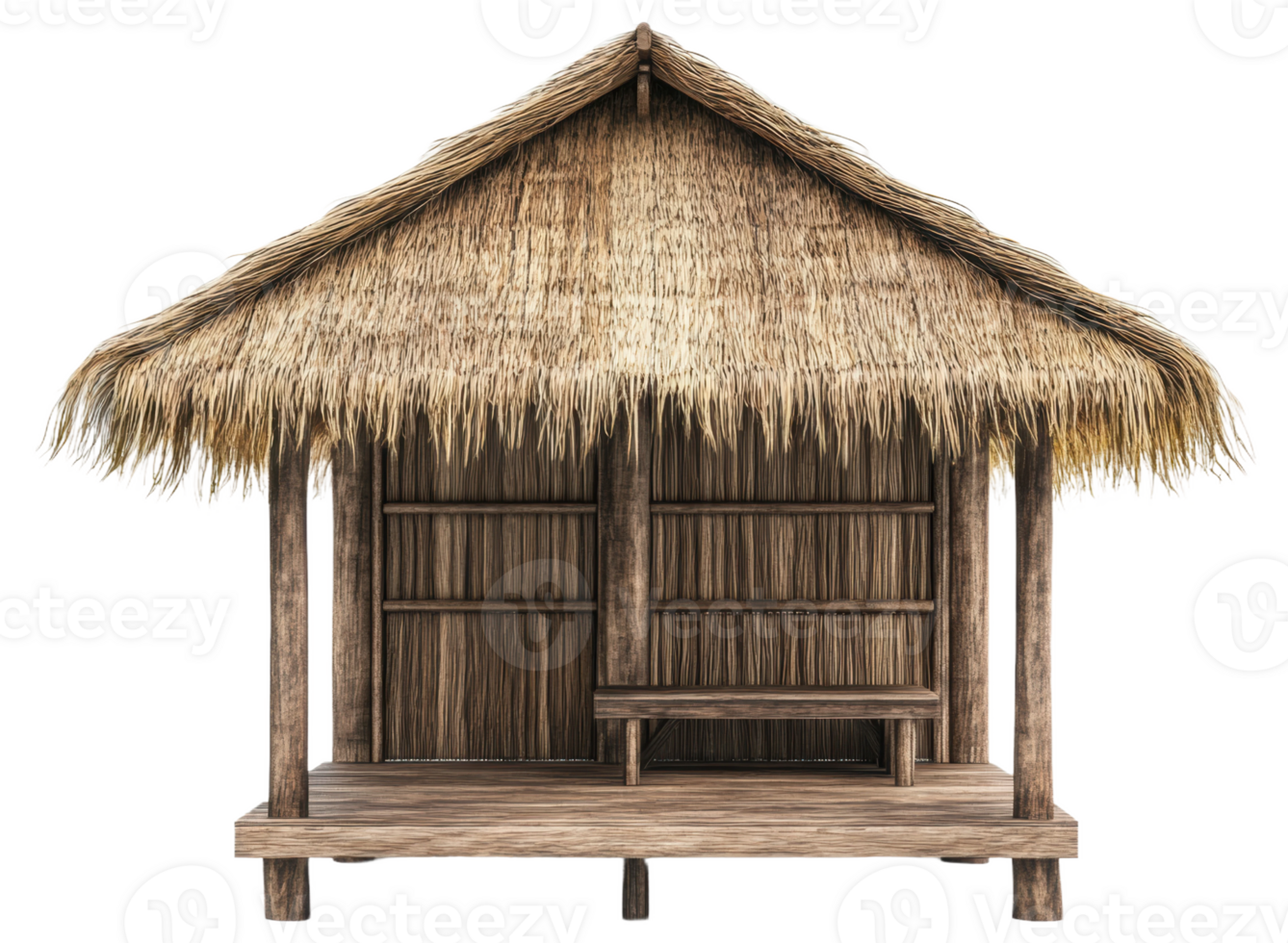 Traditional thatched hut in a tropical setting, cut out - stock . png