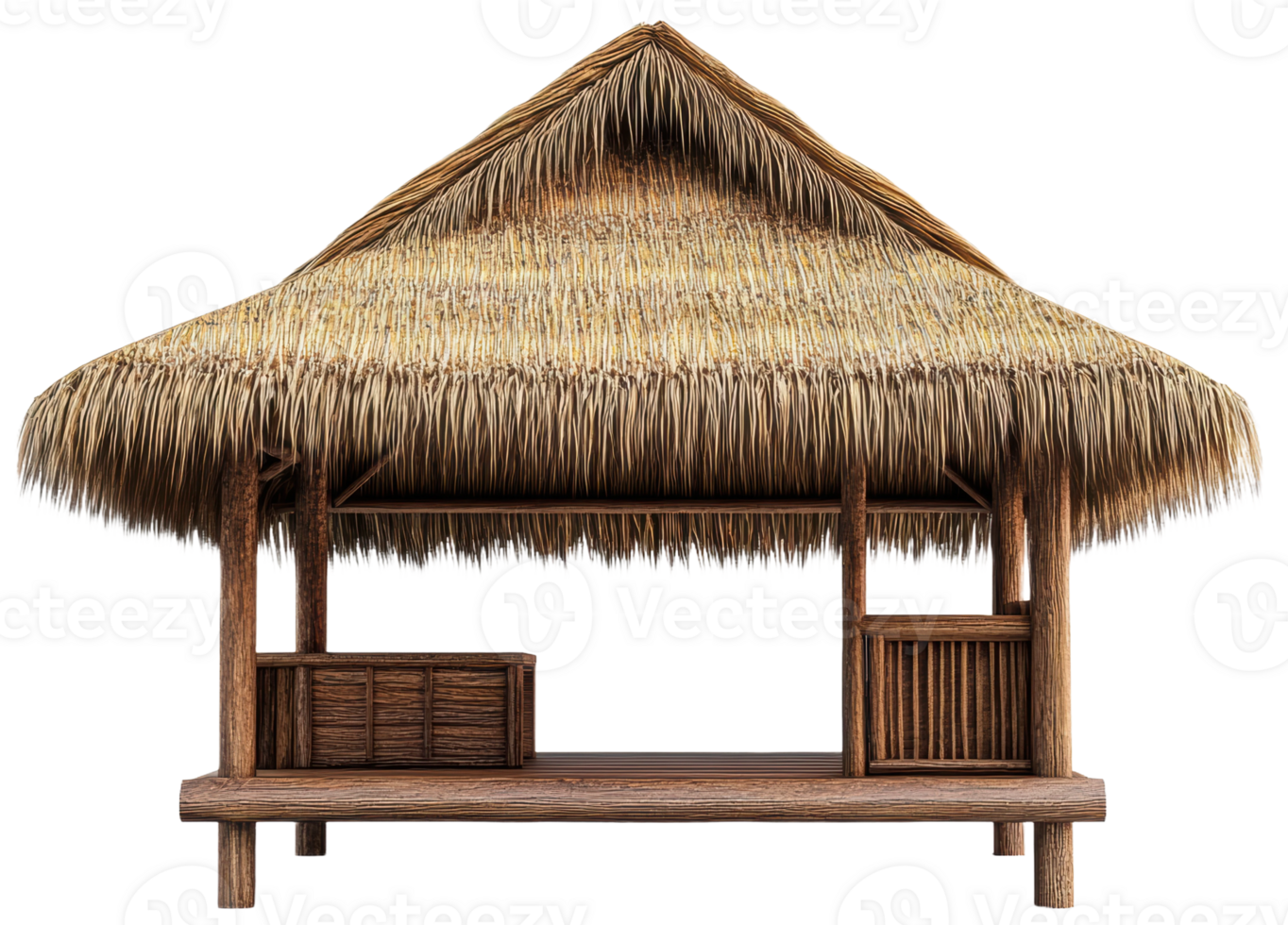 Thatched roof hut in a tropical setting, cut out - stock . png