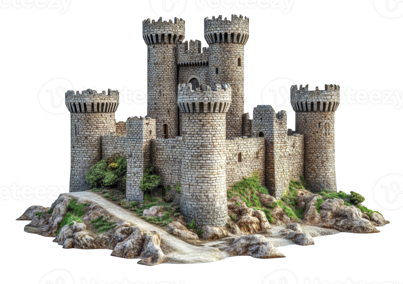 Castle model on rocky terrain, cut out - stock . png