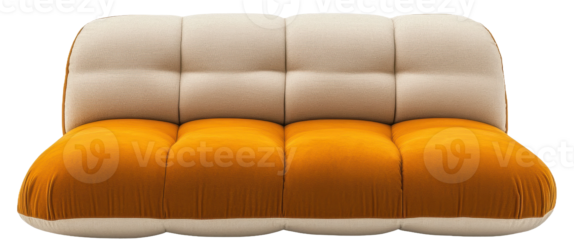 Modern sofa with orange and cream upholstery, cut out - stock . png